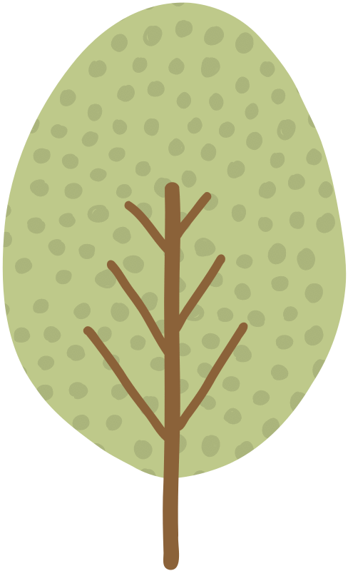 Illustration of a stylized tree with a brown trunk and branches, featuring a green, oval-shaped foliage with small spots.