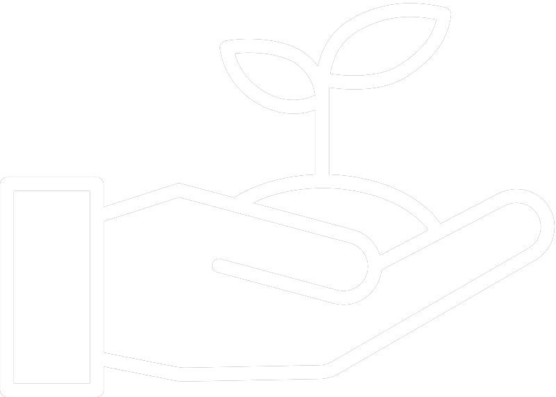 Outlined icon of a hand holding a sprouting plant.