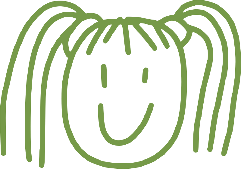Simple green line drawing of a smiling face with two pigtails and a fringe.