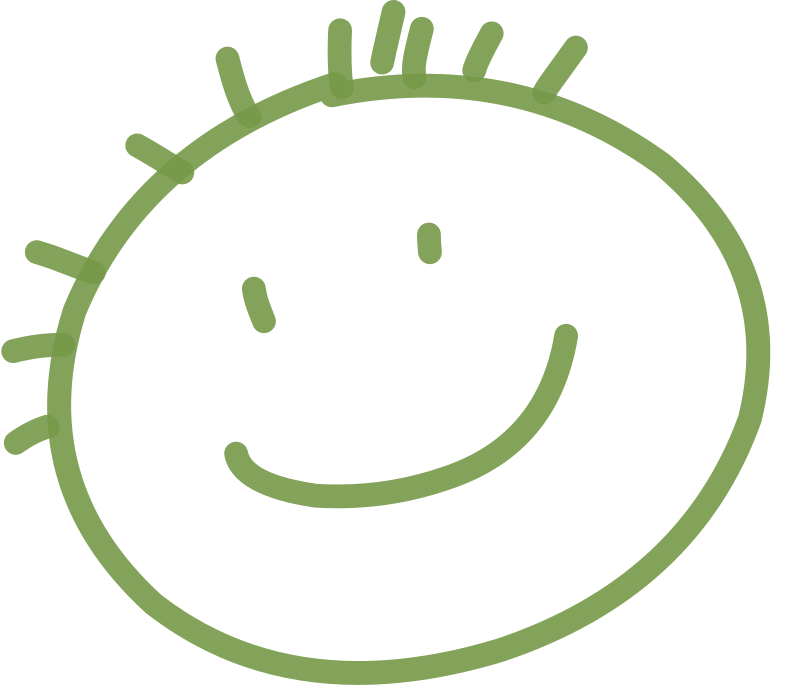 A simple green line drawing of a smiling face with circular eyes, a curved mouth, and spiky hair lines.