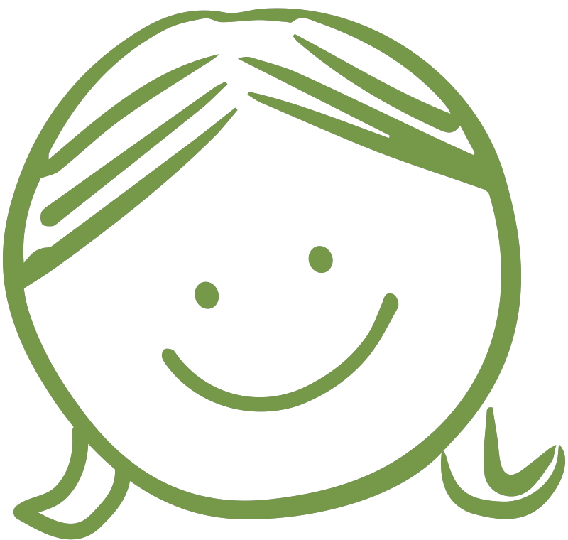 Simple green line drawing of a smiling face with stylized hair and two dots for eyes.