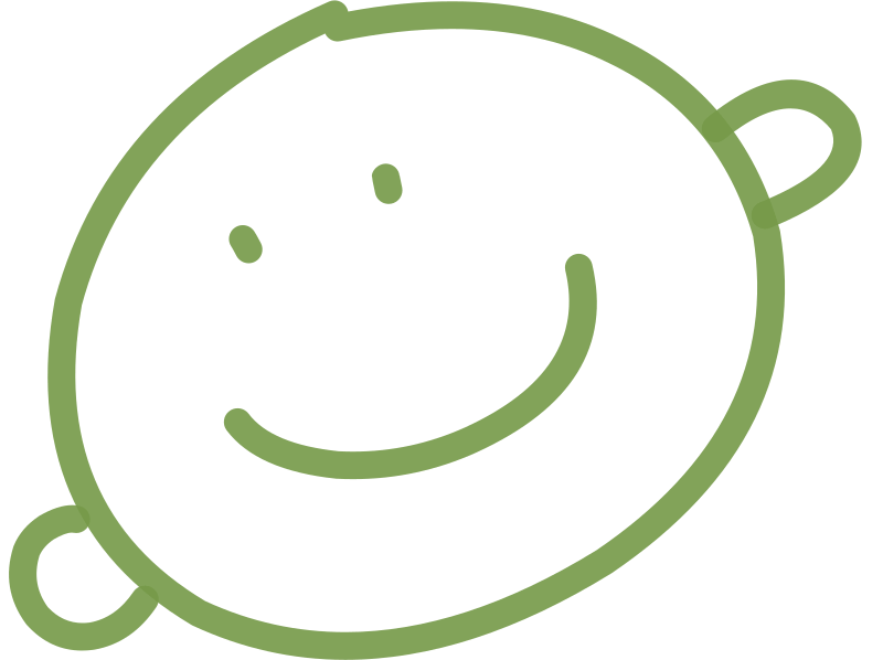 A simple green line drawing of a smiling face with two lines on each side resembling ears.
