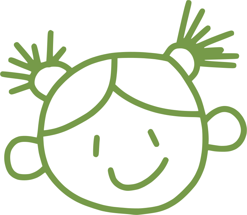Simple green line drawing of a smiling face with two hair buns and stick-like hair protrusions.