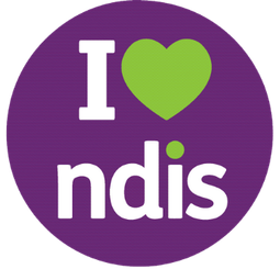 Purple circle with text "I ♥ ndis" where "♥" is a green heart symbol.